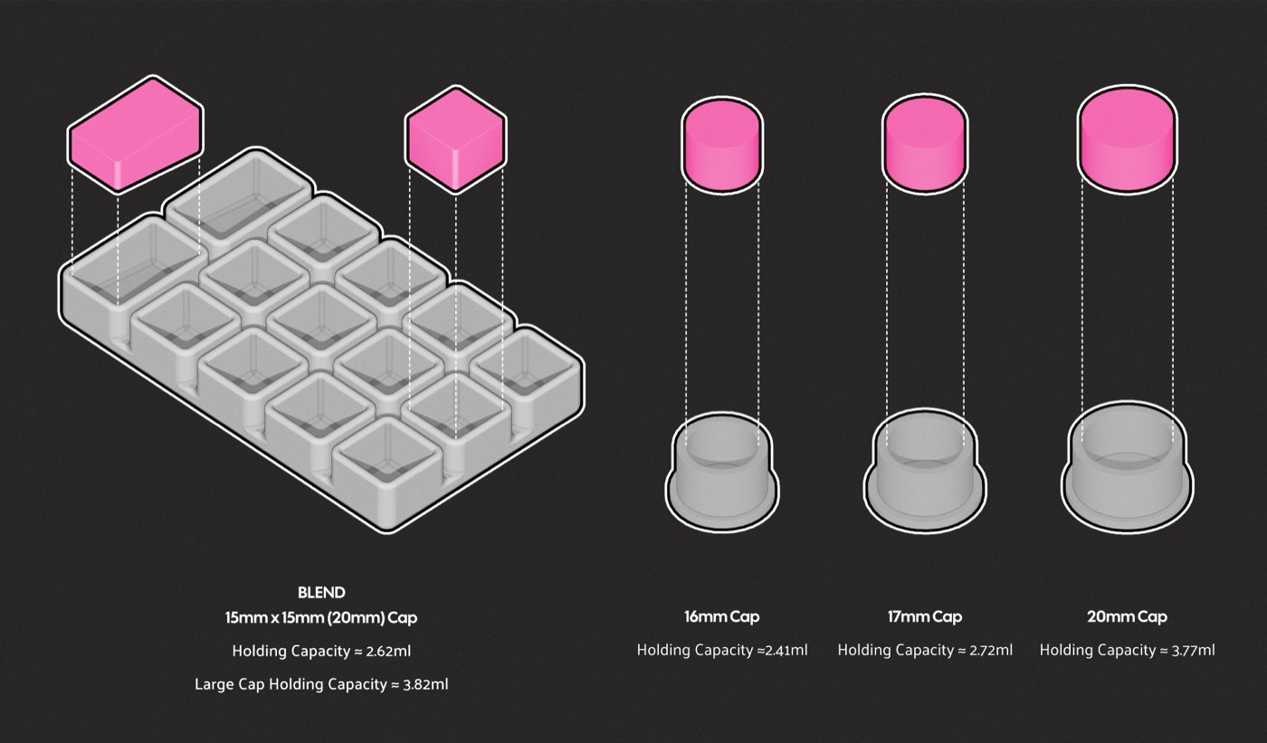 INKSLAB Blend — 15mm x 15mm (20mm) cap, holding capacity approx 2.62ml (large cap approx 3.82ml), compared to 16mm/17mm/20mm ink caps